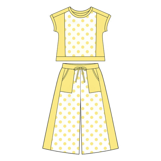Preorder Baby Girls Yellow Polka Dots Top Pockets Flare Pant Clothes Sets GSPO2335