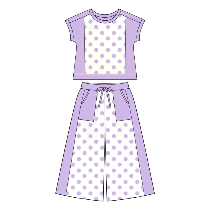 Preorder Baby Girls Purple Polka Dots Top Pockets Flare Pant Clothes Sets GSPO2336