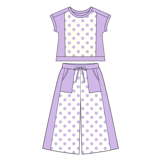 Preorder Baby Girls Purple Polka Dots Top Pockets Flare Pant Clothes Sets GSPO2336