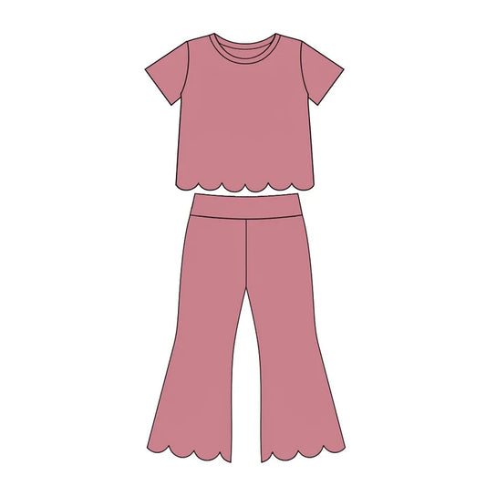 Preorder Baby Girls Pink Short Sleeve Shirts Top Flare Pant Scallop Clothes Sets GSPO2338