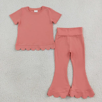 Sibling Baby Girls Short Sleeve Colorful Top Bell Bottom Pant Scallop Clothes Sets