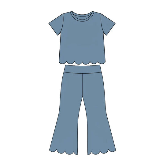 Preorder Baby Girls Blue Short Sleeve Shirts Top Flare Pant Scallop Clothes Sets GSPO2339