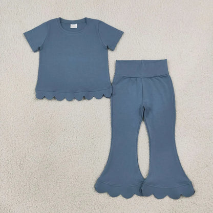 Sibling Baby Girls Short Sleeve Colorful Top Bell Bottom Pant Scallop Clothes Sets