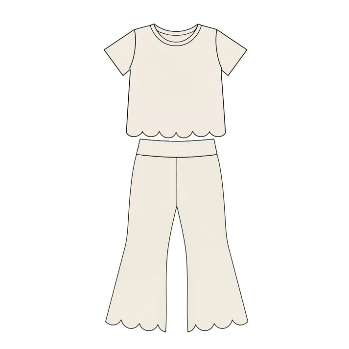 Preorder Baby Girls White Short Sleeve Shirts Top Flare Pant Scallop Clothes Sets GSPO2340
