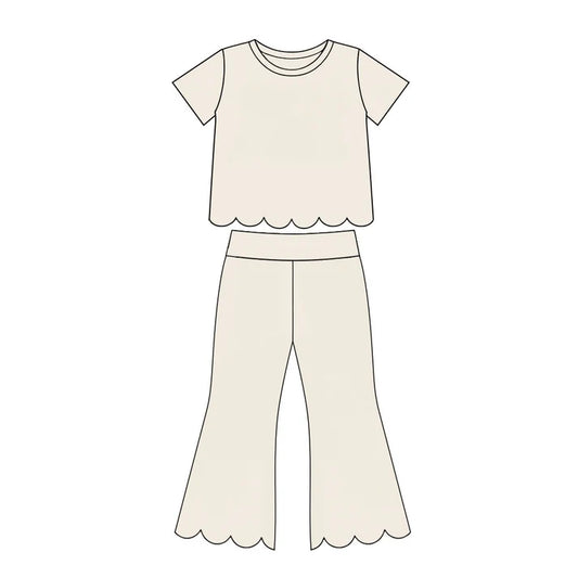 Preorder Baby Girls White Short Sleeve Shirts Top Flare Pant Scallop Clothes Sets GSPO2340