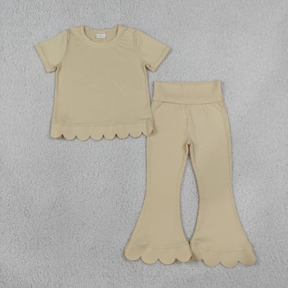 Sibling Baby Girls Short Sleeve Colorful Top Bell Bottom Pant Scallop Clothes Sets