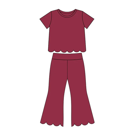 Preorder Baby Girls Red Short Sleeve Shirts Top Flare Pant Scallop Clothes Sets GSPO2341