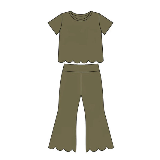 Preorder Baby Girls Olive Short Sleeve Shirts Top Flare Pant Scallop Clothes Sets GSPO2342