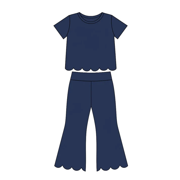 Preorder Baby Girls Navy Short Sleeve Shirts Top Flare Pant Scallop Clothes Sets GSPO2343