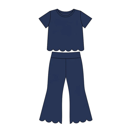 Preorder Baby Girls Navy Short Sleeve Shirts Top Flare Pant Scallop Clothes Sets GSPO2343