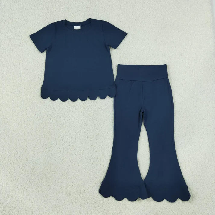 Sibling Baby Girls Short Sleeve Colorful Top Bell Bottom Pant Scallop Clothes Sets