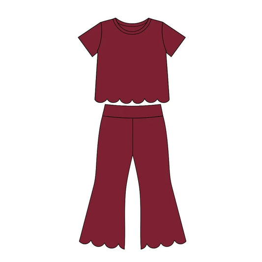Preorder Baby Girls Maroon Short Sleeve Shirts Top Flare Pant Scallop Clothes Sets GSPO2344