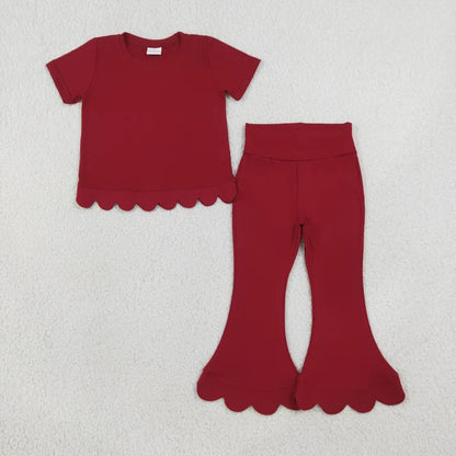 Sibling Baby Girls Short Sleeve Colorful Top Bell Bottom Pant Scallop Clothes Sets