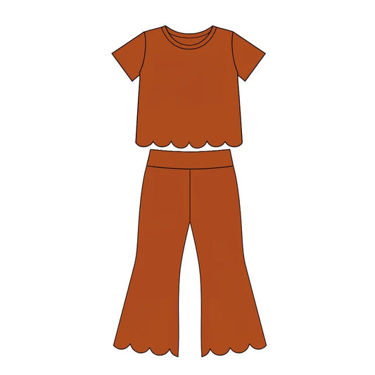 Preorder Baby Girls Orange Short Sleeve Shirts Top Flare Pant Scallop Clothes Sets GSPO2345