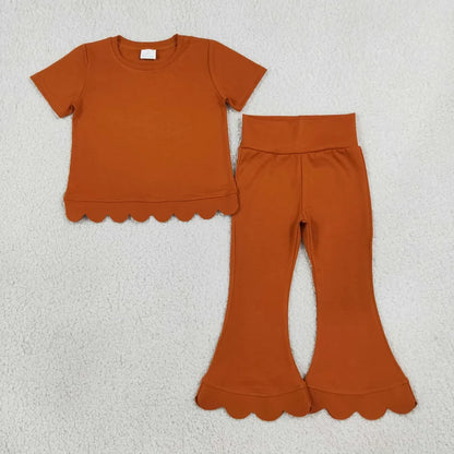 Sibling Baby Girls Short Sleeve Colorful Top Bell Bottom Pant Scallop Clothes Sets