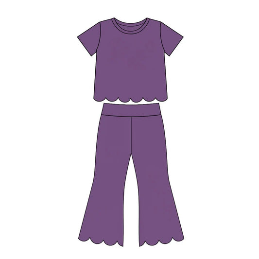 Preorder Baby Girls Purple Short Sleeve Shirts Top Flare Pant Scallop Clothes Sets GSPO2346