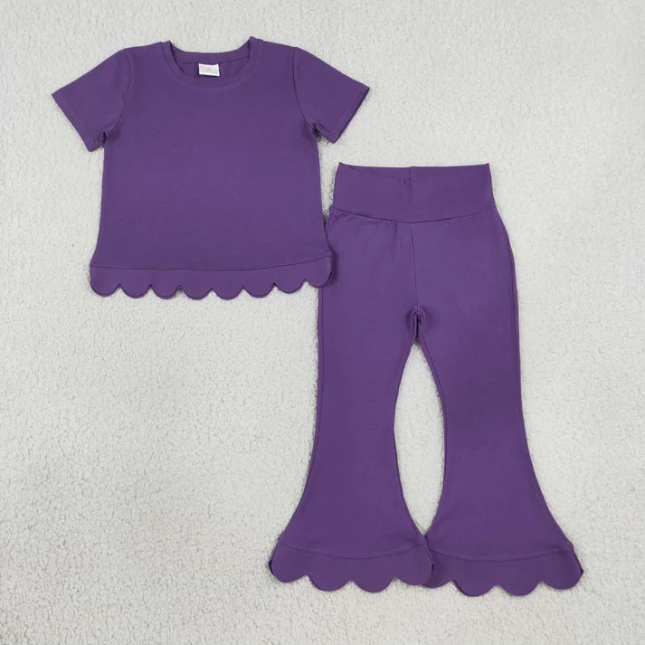 Sibling Baby Girls Short Sleeve Colorful Top Bell Bottom Pant Scallop Clothes Sets