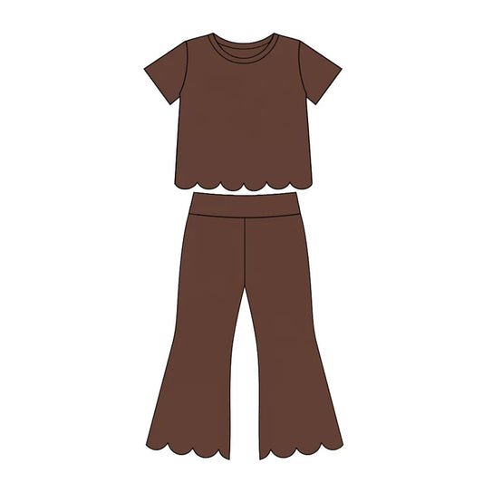 Preorder Baby Girls Brown Short Sleeve Shirts Top Flare Pant Scallop Clothes Sets GSPO2347