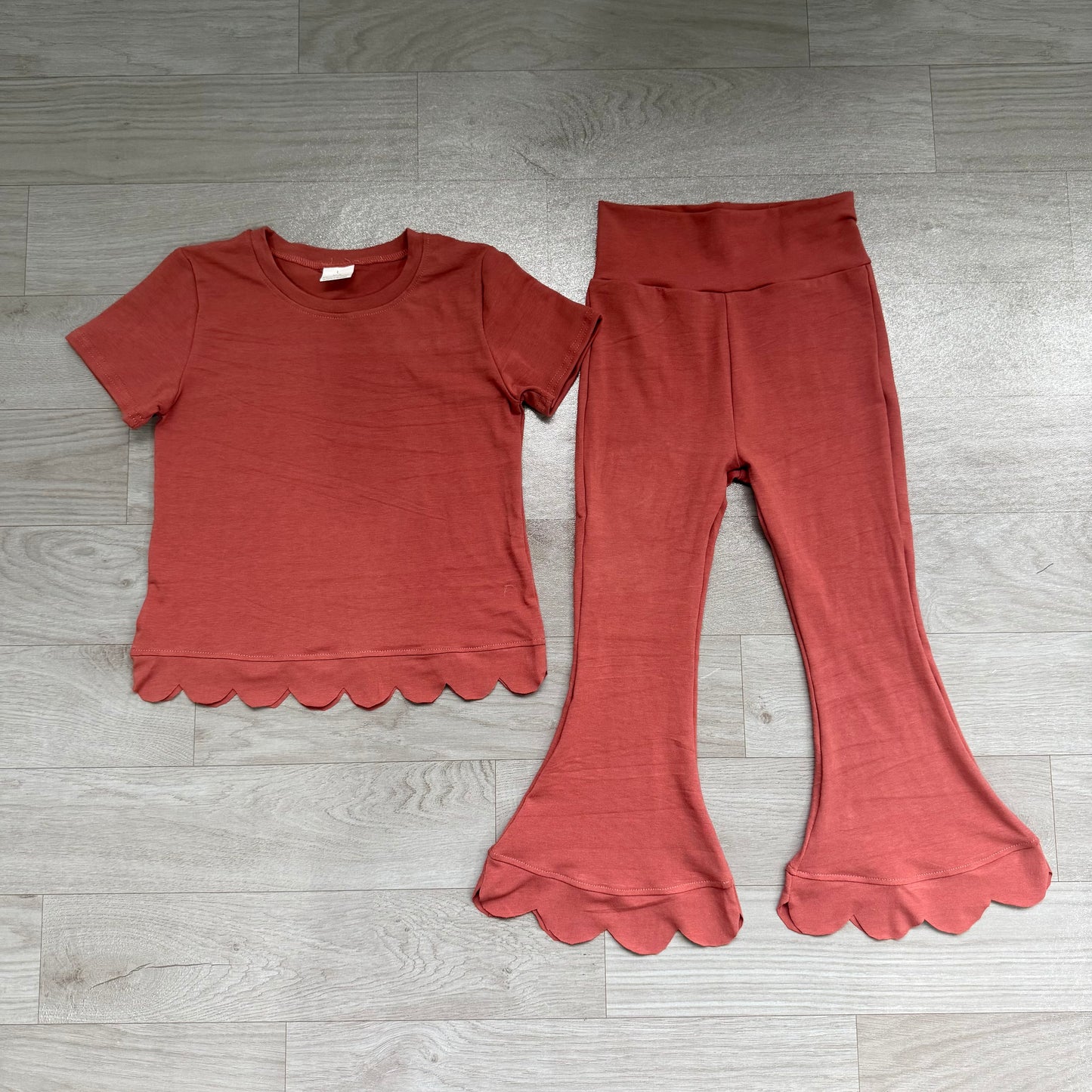 Baby Girls Brown Short Sleeve Shirts Top Flare Pant Scallop Clothes Sets Preorder GSPO2347