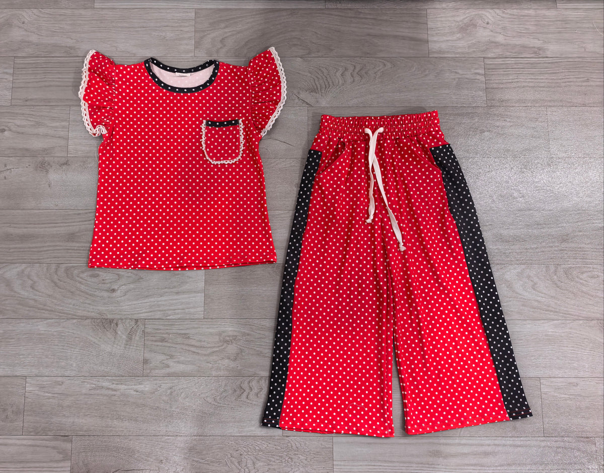 Baby Girls Clothes Red Black Polka Dots Pocket Top Flare Pant Clothes Set Preorder GSPO2370