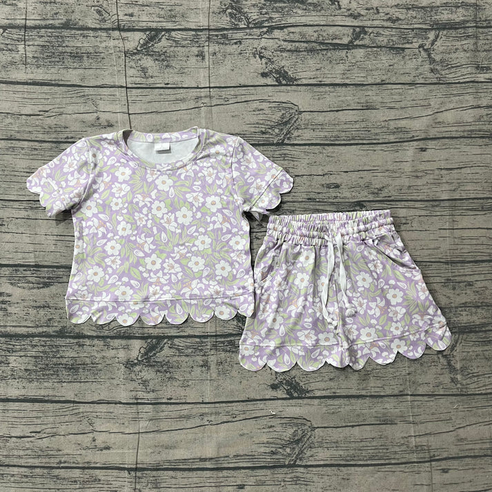 Baby Girls Lavender Flowers Top Short Scallop Clothes Sets Preorder GSS03265
