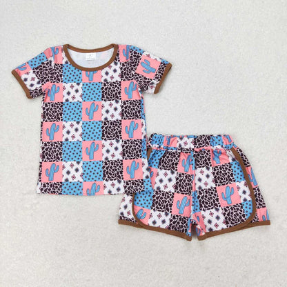 Sibling Baby Girls Short Sleeve Colorful Flowers Cactus Top Shorts Pajamas Clothes Sets