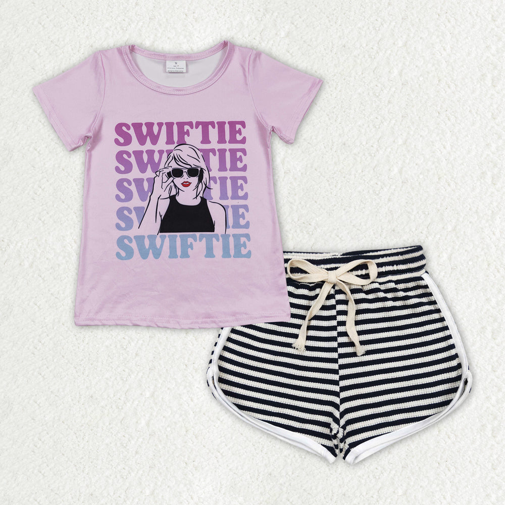 Baby Girls Clothes Purple Shirt Top Black Stripes Shorts Clothes Sets GSSO1316