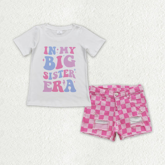 Baby Girls Clothes Big Sister Shirt Top Pink Checkered Denim Shorts Sets GSSO1408