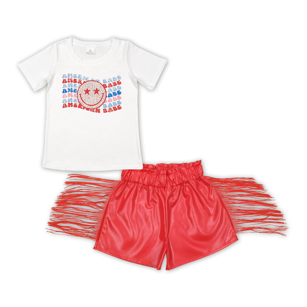 Baby Girls Clothes America Babe Shirts Tops Red Leather Tassel Shorts Sets GSSO1421