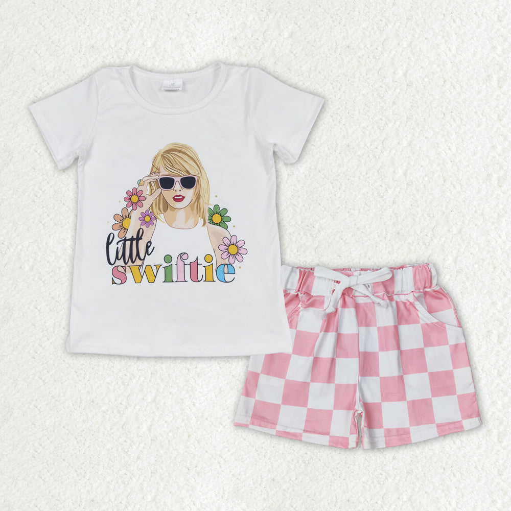 Baby Girls Clothes Little Flowers Short Sleeve Top Checkered Shorts Clothes Sets GSSO1428