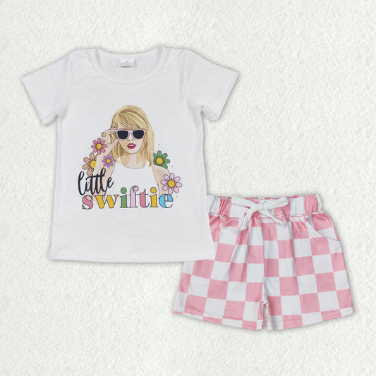 Baby Girls Clothes Little Flowers Short Sleeve Top Checkered Shorts Clothes Sets GSSO1428