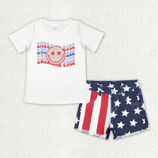 Baby Girls Clothes American Babe Shirt Top Star Stripes Denim Shorts Sets GSSO1439