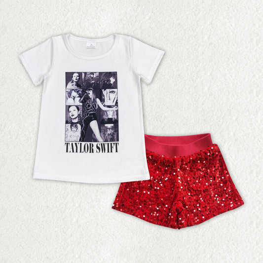 Baby Girls Clothes White Shirt Red Sequin Shorts Clothes Sets GSSO1457