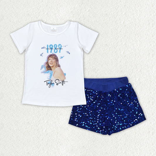 Baby Girls Clothes White Shirt Blue Sequin Shorts Clothes Sets GSSO1459