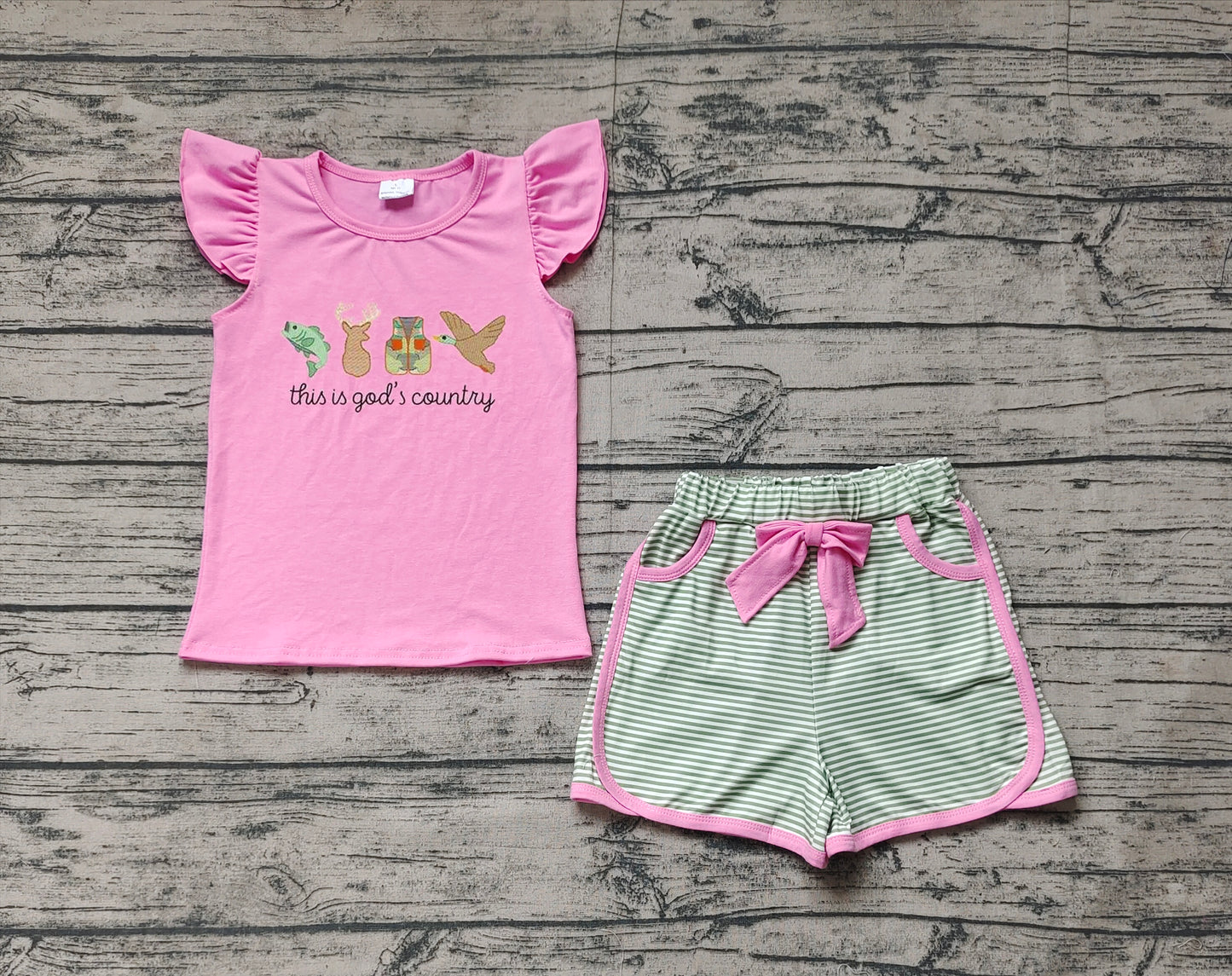 Baby Girls Clothes God Country Hunting Shirt Bow Shorts Clothes Sets Preorder GSSO1614