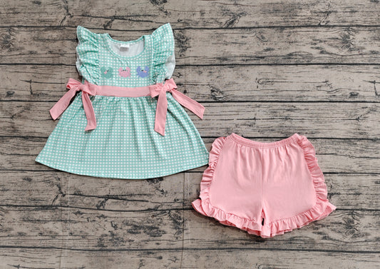 Embroidery Baby Girls Clothes Crabs Bows Tunic Ruffle Shorts Sets Preorder GSSO2017 3.3