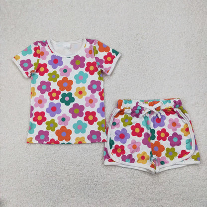 Sibling Baby Girls Short Sleeve Colorful Flowers Cactus Top Shorts Pajamas Clothes Sets