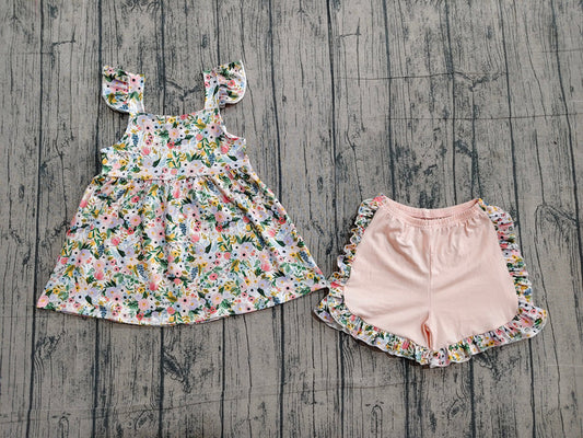 Baby Girls Pink Flowers Tunic Top Ruffle Shorts Clothes Sets Preorder GSSO2180