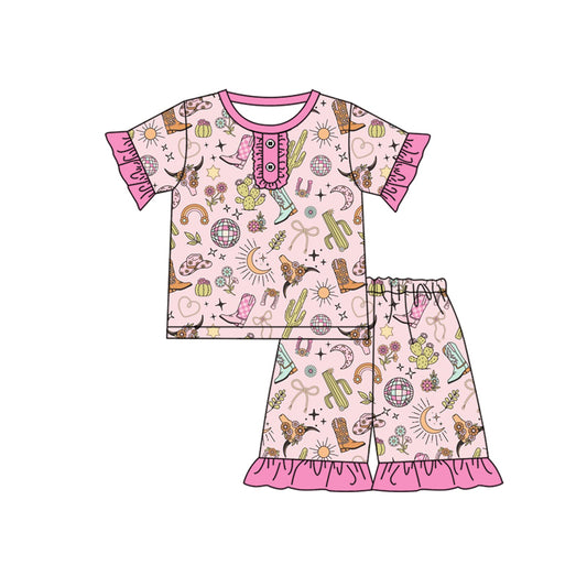 Baby Girls Pajamas Pink Short Ruffle Sleeves Boots Cactus Top Short Pajamas Set Preorder GSSO2323 3.3
