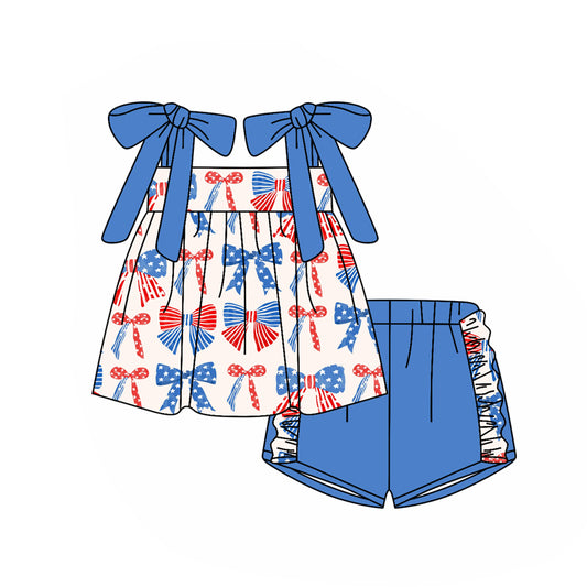 Baby Girls Clothes Blue Strap Red Bows Stars Tunic Ruffle Short 4th Of July Set Preorder GSSO2331 3.3