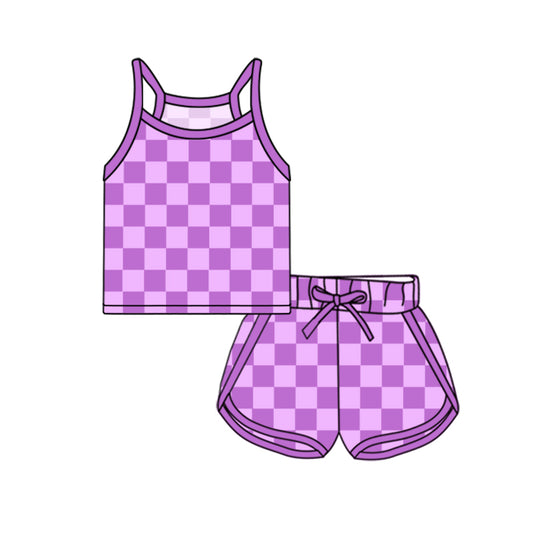 Baby Girls Clothes Purple Strap Plaid Top Short Sport Set Preorder GSSO2337 3.4