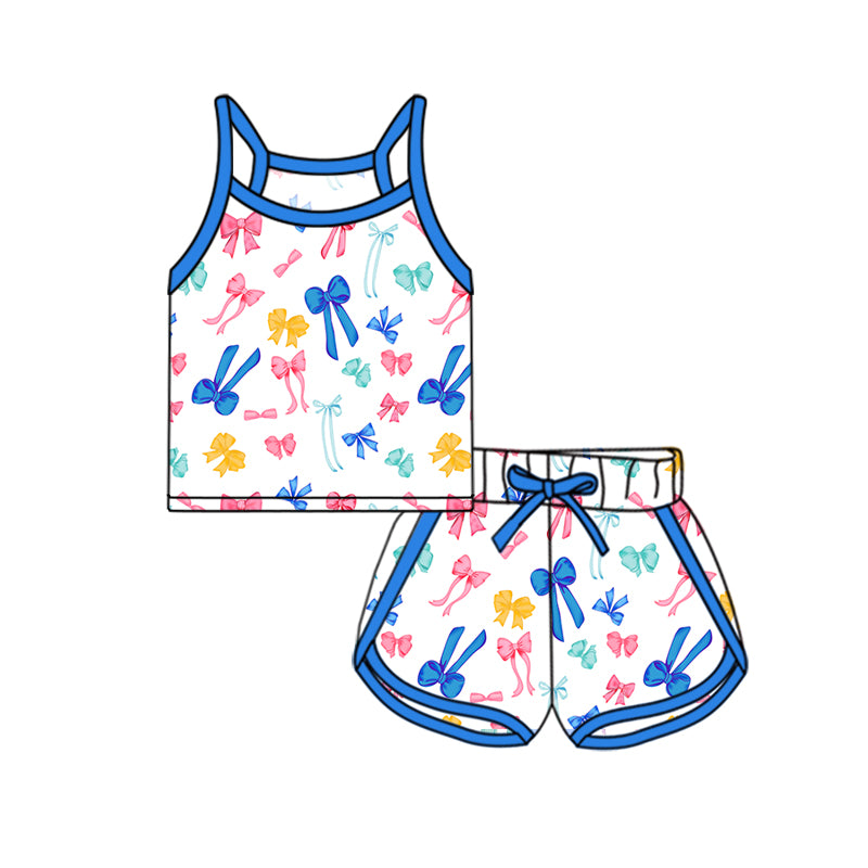 Baby Girls Clothes Hot Blue Strap Colorful Bows Plaid Top Short Sport Set Preorder GSSO2339 3.4