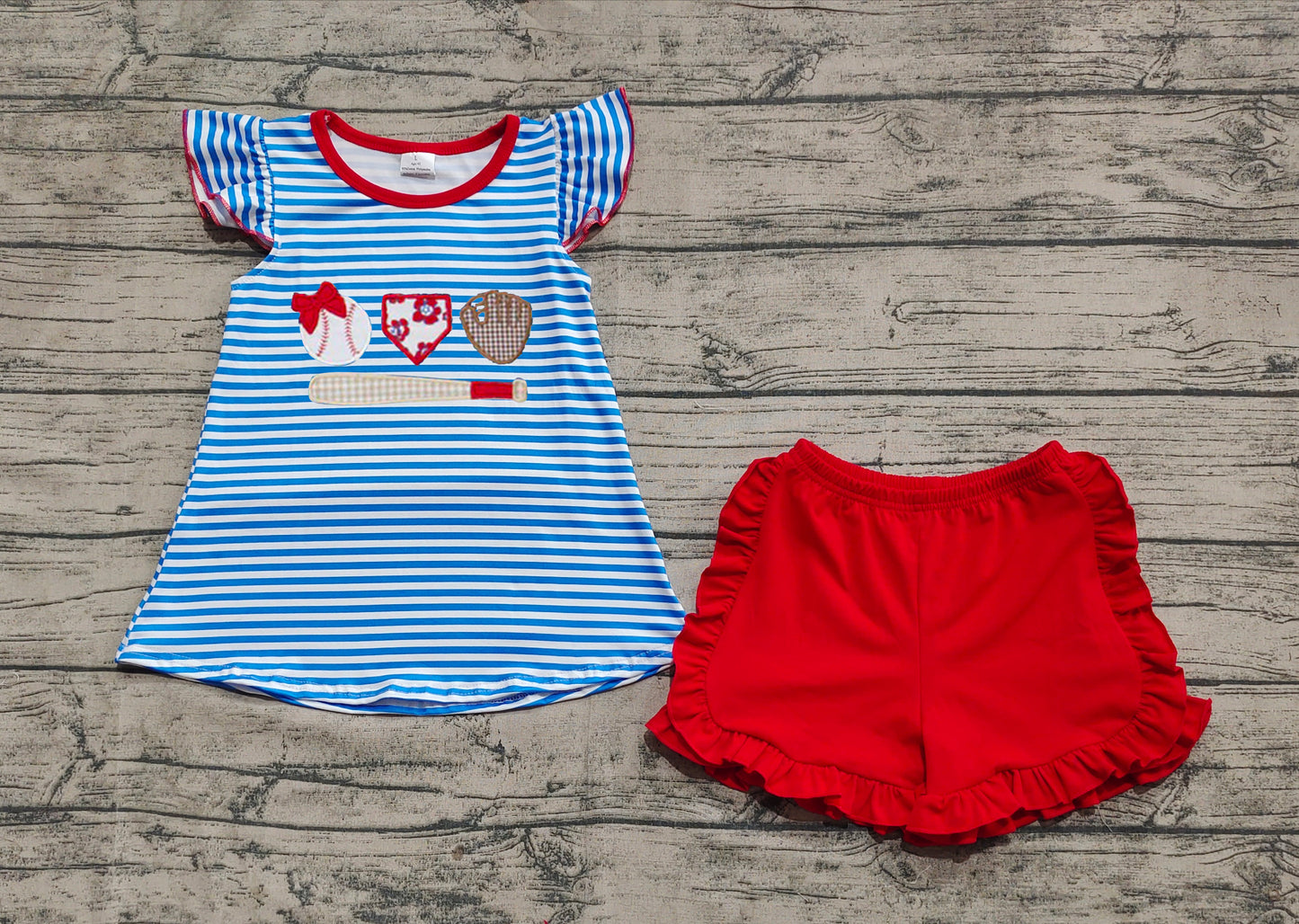 Embroidery Baby Girls Clothes Blue Stripe Flutter Sleeves Baseballs Tunic Red Ruffle Short Set preorder GSSO2348 3.12