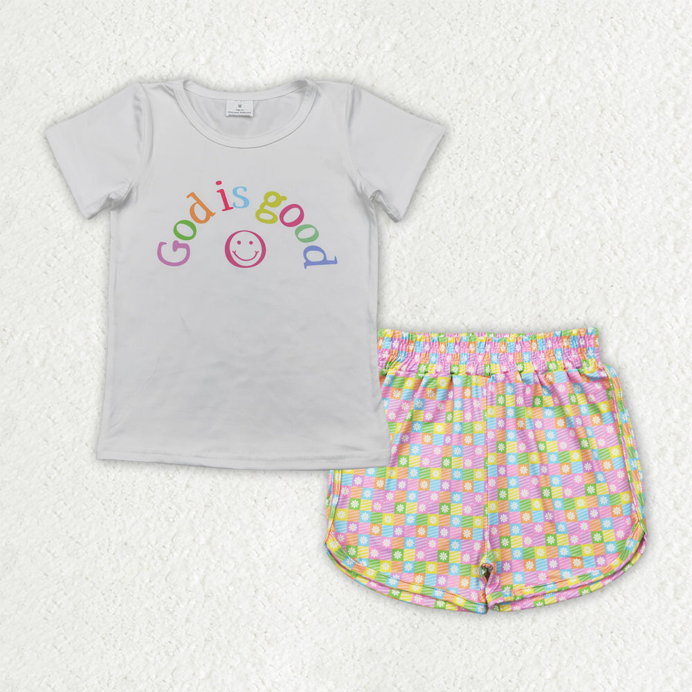 Baby Girls Clothes GOD IS GOOD Top Plaid Flowers Shorts Sets GSSO2386 4.10