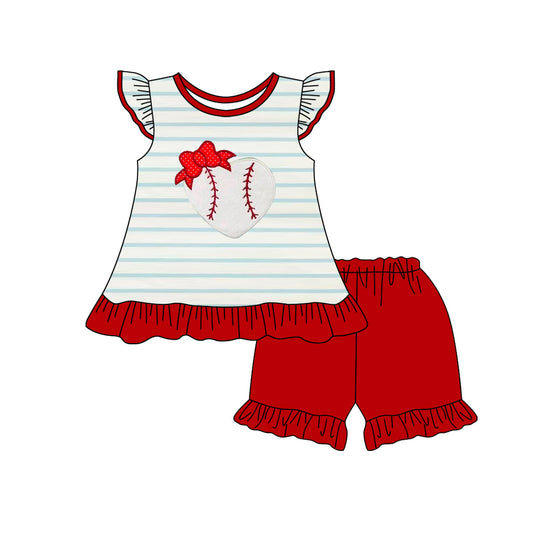 Baby Girls Clothes Blue Stripe Flutter Sleeves Heart Baseball Tunic Tops Ruffle Short Set Preorder GSSO2446 3.14