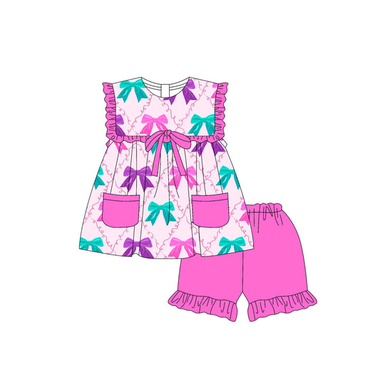Baby Girls Clothes Colorful Bows Pockets Tunic Pink Ruffle Short Set Preorder GSSO2463