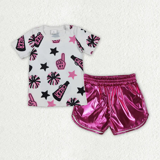 Baby Girls Clothes Cheer Black Pink Team Tops Leather Shorts Clothes Sets GSSO2516 7.31