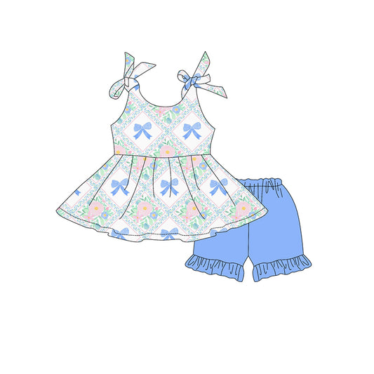 Baby Girls Clothes Strap Blue Bows Floral Tunic Ruffle Short Set Preorder GSSO2536 3.27