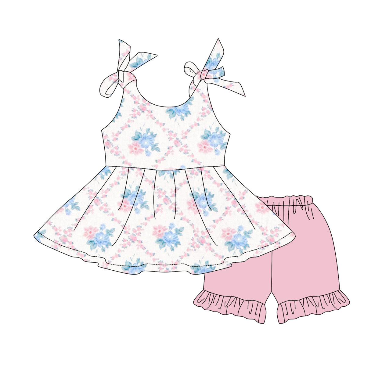 Baby Girls Clothes Strap Pink Floral Plaid Tunic Tops Ruffle Shorts Sets Preorder GSSO2537 3.27