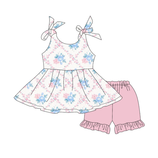 Baby Girls Clothes Strap Pink Floral Plaid Tunic Tops Ruffle Shorts Sets Preorder GSSO2537 3.27